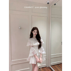 批发池昭昭Chiarazz 纯白清楚系 天丝莱赛尔荷叶边喇叭袖小白裙<b class='q'>连衣裙</b>