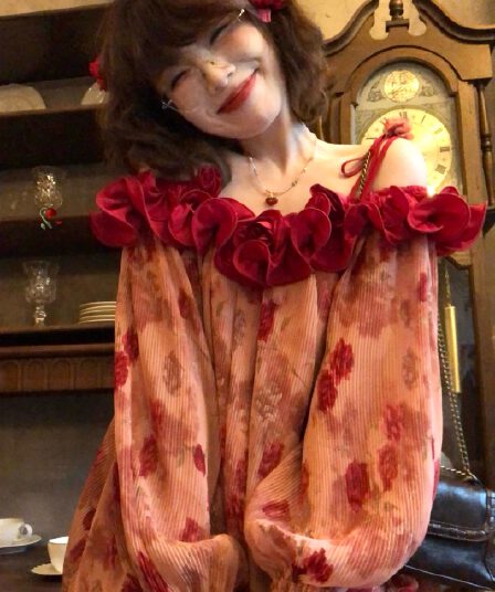 입력 회원 즐기십시오 신제품 9시 접기 유화 장미 레트로 와인 빨간색 레이스 칼라 오프숄더 꽃밭 치마 가을