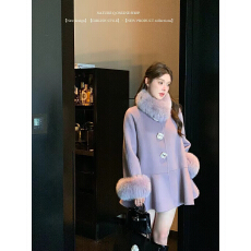 批发杨小卷 新年战袍 狐狸毛荃羊毛双面呢大衣富家千金紫色毛呢外套冬