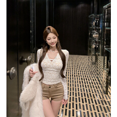 批发实拍实价 纯欲性感V领长袖T恤重工蕾丝修身打底上衣