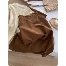 批发秋冬复古灯芯绒高腰直筒半身裙女设计感一粒扣开叉<b class='q'>中长款</b>包臀裙