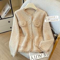 批发2025秋冬新款小香风复古仿水貂绒<b class='q'>毛衣</b>开衫外套女时髦减龄针织上衣