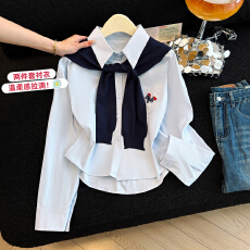 批发法式蓝色纯棉<b class='q'>刺绣</b><b class='q'>衬衫</b>女秋季气质别致<b class='q'>衬衣</b>叠穿披肩外套上衣两件套