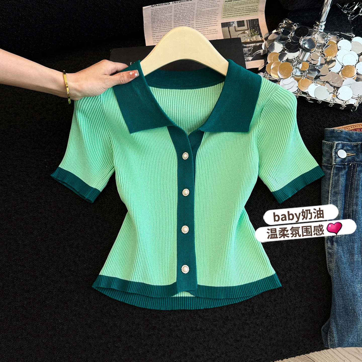 RY2019# 短袖正肩t恤女显瘦夏季2026年新款冰丝针织衫绿色polo...