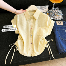 批发彩色纽扣短袖<b class='q'>打底衬衫</b>女夏季新款显瘦设计感抽绳短款上衣