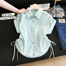 批发彩色纽扣短袖<b class='q'>打底衬衫</b>女夏季新款显瘦设计感抽绳短款上衣