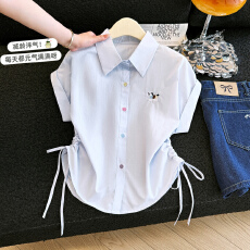 批发彩色纽扣短袖<b class='q'>打底衬衫</b>女夏季新款显瘦设计感抽绳短款上衣