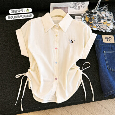 批发彩色纽扣短袖<b class='q'>打底衬衫</b>女夏季新款显瘦设计感抽绳短款上衣