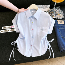 批发彩色纽扣短袖<b class='q'>打底衬衫</b>女夏季新款显瘦设计感抽绳短款上衣
