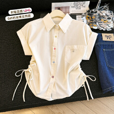 批发彩色纽扣短袖<b class='q'>打底衬衫</b>女夏季新款显瘦设计感抽绳短款上衣