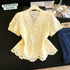 批发法式蕾丝<b class='q'>镂空</b>刺绣V领短袖衬衫女夏2026新款洋气减龄显瘦小衫上衣
