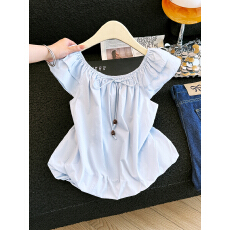 批发2026夏季韩系<b class='q'>甜美</b>软妹感泡泡花苞下摆松紧领蝴蝶结短袖上衣