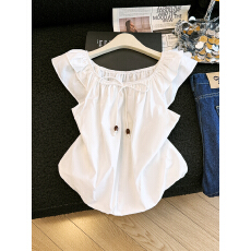 批发2026夏季韩系<b class='q'>甜美</b>软妹感泡泡花苞下摆松紧领蝴蝶结短袖上衣