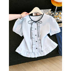 批发法式荷叶边短袖衬衫女薄款2026夏季超好看刺绣泡泡袖小衫上衣