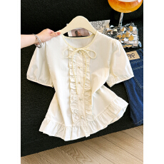 批发法式荷叶边短袖衬衫女薄款2026夏季超好看刺绣泡泡袖小衫上衣