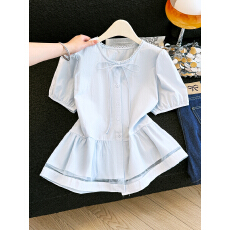 批发蓝色蕾丝边短袖衬衫女夏2026夏季新款蝴蝶结系带泡泡袖衬衣短上衣