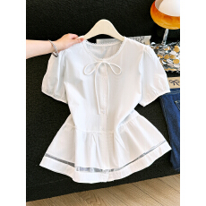 批发蓝色蕾丝边短袖衬衫女夏2026夏季新款蝴蝶结系带泡泡袖衬衣短上衣