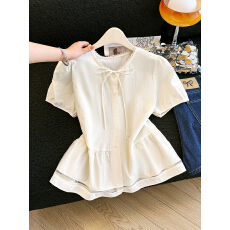 批发蓝色蕾丝边短袖衬衫女夏2026夏季新款蝴蝶结系带泡泡袖衬衣短上衣