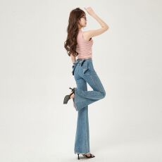 批发实拍欧<b class='q'>若</b>风立体蝴蝶结喇叭牛仔裤女夏季新款高腰显瘦翘臀阔腿裤子