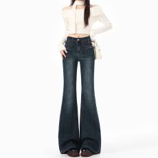 批发实拍 新款美式辣妹曲线设计高腰微喇<b class='q'>牛仔裤</b>女百搭宽松显瘦拖地裤