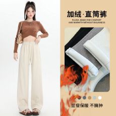 批发实拍 秋冬新款加绒加厚松紧腰羊绒阔腿休闲裤内<b class='q'>宝宝</b>绒直筒长裤子