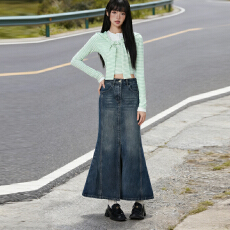 批发实拍2025美式复古前开叉设计包臀牛仔半身裙女