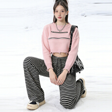 批发实拍秋<b class='q'>冬</b>热卖新款加绒宽松阔腿慵懒条纹抽绳垂感休闲遛弯裤女