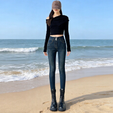 批发紧身高腰小脚<b class='q'>牛仔裤</b>女2025秋冬季加绒加厚修身收腹铅笔靴裤子女