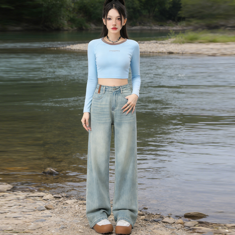 실사 2026 봄 새로운 하늘색 레트로 하이웨이스트 루즈핏 와이드 레그 팬츠 스트레이트 청바지 여성