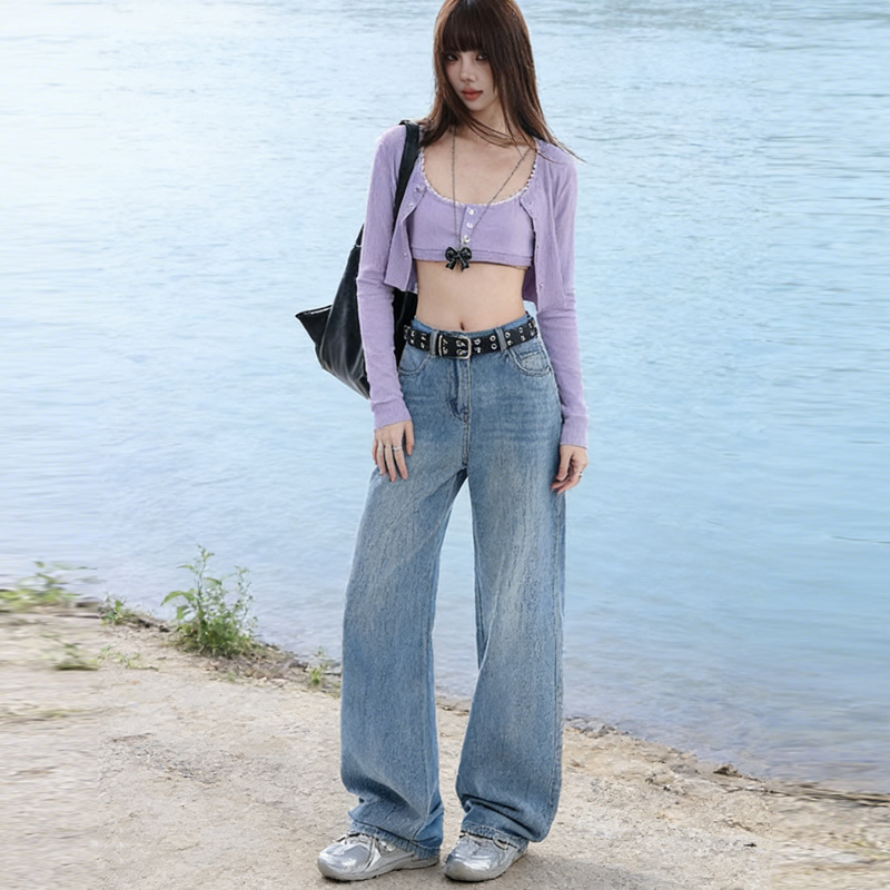 실사 Gypsophila 플래시 훈련 봄 새로운 하이웨이스트 아메리칸 좁은 에디션 스트레이트 넓은 다리 청바지 여성 루즈핏 바닥 청소 바지