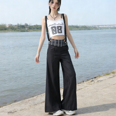 批发实拍2026春装热卖<b class='q'>格子</b>拼接<b class='q'>西装</b>裤垂坠阔腿裤宽松休闲拖地西裤女潮