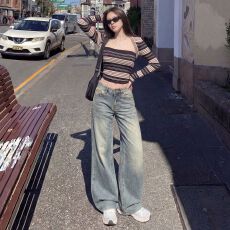 批发<b class='q'>实拍</b>&2026年新款美式复古洗水做旧工艺宽松喇叭牛仔<b class='q'>裤</b>女