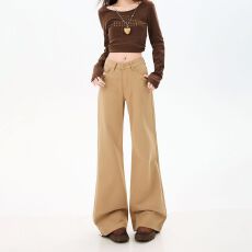 批发2026春款热卖卡其色微喇<b class='q'>牛仔裤</b>女不贴腿高腰显瘦喇叭阔腿拖地裤