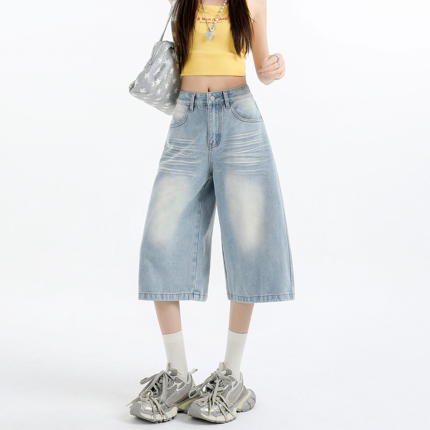 실사 여름 하늘색 아메리칸 루즈핏 개성 바지 루즈핏 넓은 다리 높음 거리 스트레이트 데님 7부 바지 바지 여성