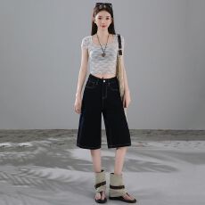 批发实拍2026夏季薄款美式复古四面弹阔腿裤<b class='q'>时尚</b>百搭七分<b class='q'>牛仔裤</b>女