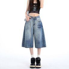 批发实拍夏季美式宽松牛仔七分裤女个性设计宽松阔腿高街直筒中裤女