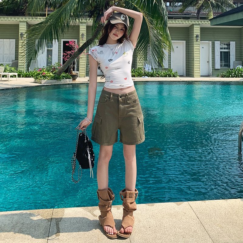 실사 여름 새로운 아메리칸 워싱 마 오래된 순면 워크웨어 청바지 여성 루즈핏 캐주얼 4 점 화이트 반바지