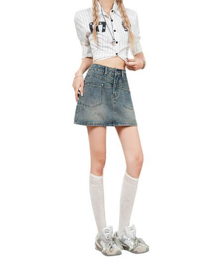 실사 2026 여름 소녀 한 부서 다용도 섹션 한 마디 슬림해 보이는 빅 포켓 디자인 센스 작은 대중 타이트 스커트 데님 미니 스커트