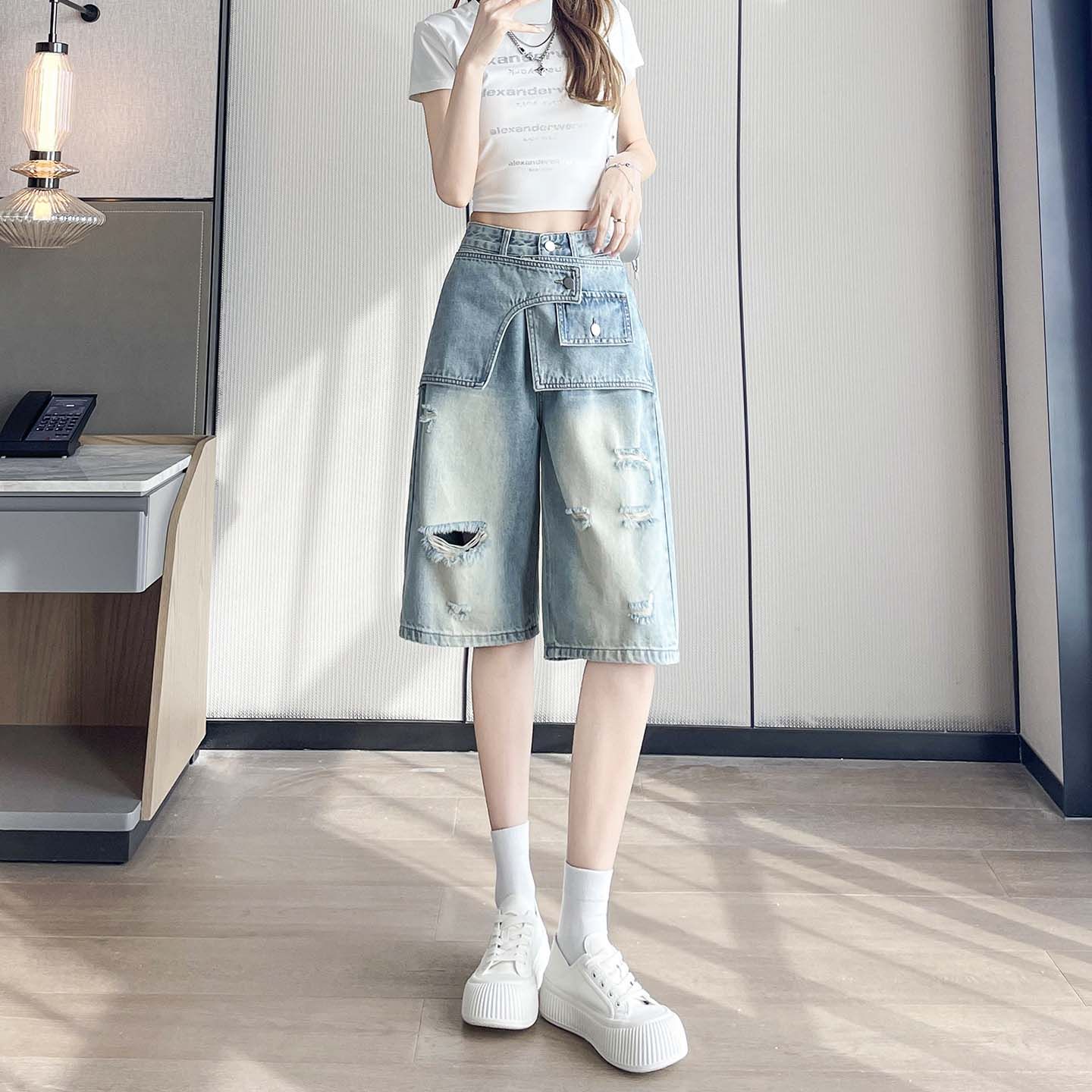 2026 여름 새로운 아메리칸 높음 거리 찢어진 부분 7 점 청바지 여성 루즈핏 슬림해 보이는 페이크 레이어드 넓은 다리 스트레이트 팬츠