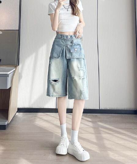 2026 여름 새로운 아메리칸 높음 거리 찢어진 부분 7 점 청바지 여성 루즈핏 슬림해 보이는 페이크 레이어드 넓은 다리 스트레이트 팬츠