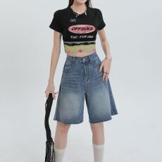 批发实拍2026新款复古蓝牛仔短裤女新款百搭高腰显瘦宽松直筒裤子