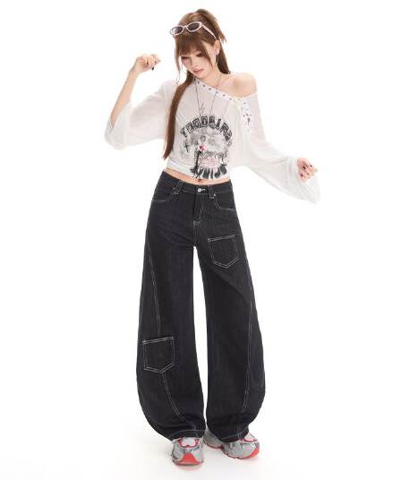 실사 2026 새로운 뜨거운 판매 검정색 모통이 칼 청바지 여성 디자인 센스 봄 가을 루즈핏 다용도 넓은 다리 바닥 청소 바지