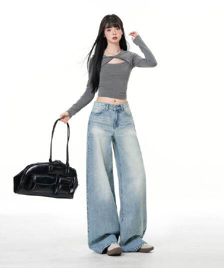 실사 2026 가을 로우 웨이스트 아메리칸 레트로 넓은 다리 청바지 여성 루즈핏 슬림해 보이는 파란색 스트레이트 바닥 청소 바지
