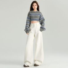 批发实拍2026热卖秋季新款米白色高腰阔腿牛仔裤<b class='q'>女</b>宽松显瘦拖地裤子
