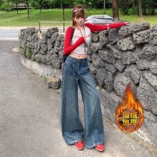 批发实拍2026新款秋冬热卖复古阔腿女<b class='q'>高腰</b>显瘦垂感宽松加绒牛仔裤潮