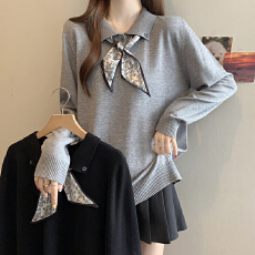 批发系带娃娃领长袖针织衫2025<b class='q'>秋</b>冬新款微胖mm大码女装宽松毛衣内搭