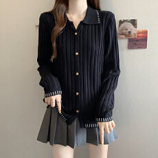 批发娃娃领坑条长袖针织衫上衣大码女装<b class='q'>秋</b>冬新款微胖mm宽松内搭毛衣