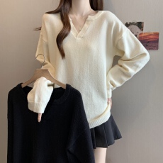 批发2026春<b class='q'>秋</b>新款V字半开领长袖针织衫上衣大码女装微胖mm宽松毛衣