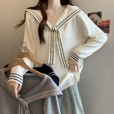 批发洋气飘带学院风长袖针织衫上衣大码女装微胖mm宽松内搭显瘦毛衣