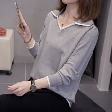 批发娃娃领长袖针织衫上衣大码女装<b class='q'>秋</b>冬微胖mm宽松内搭毛衣拼色